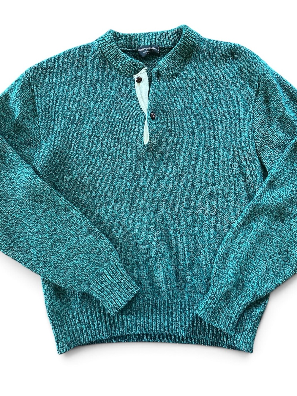 Vintage Wool Union Made Continental Teal Knit Henley Sweater Men's Large